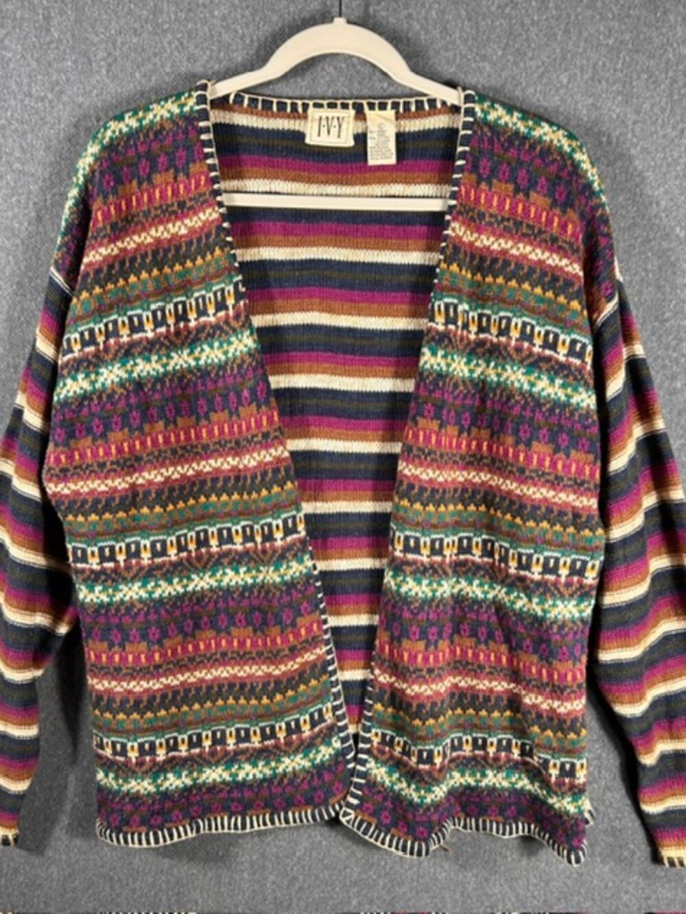 VTG IVY Knit Cardigan Womens Sz Large Multicolor Fair Isle Stripe Open Front